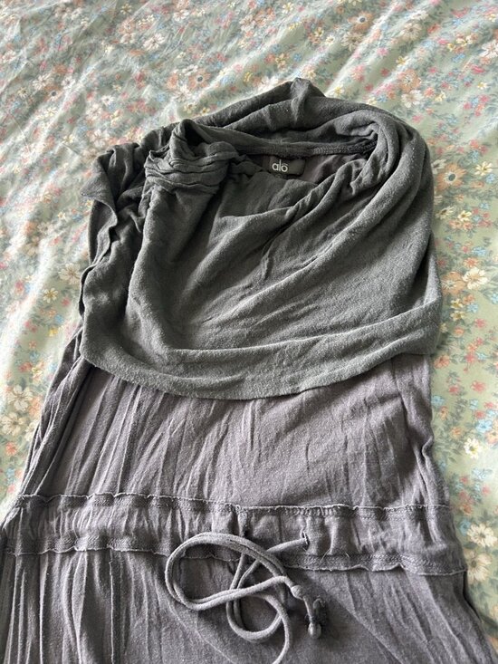 Alo Yoga Dresses & Skirts - Alo Yoga Charcoal Grey Draped Cowl Neck Or Hooded Drawstring Dress Size XL